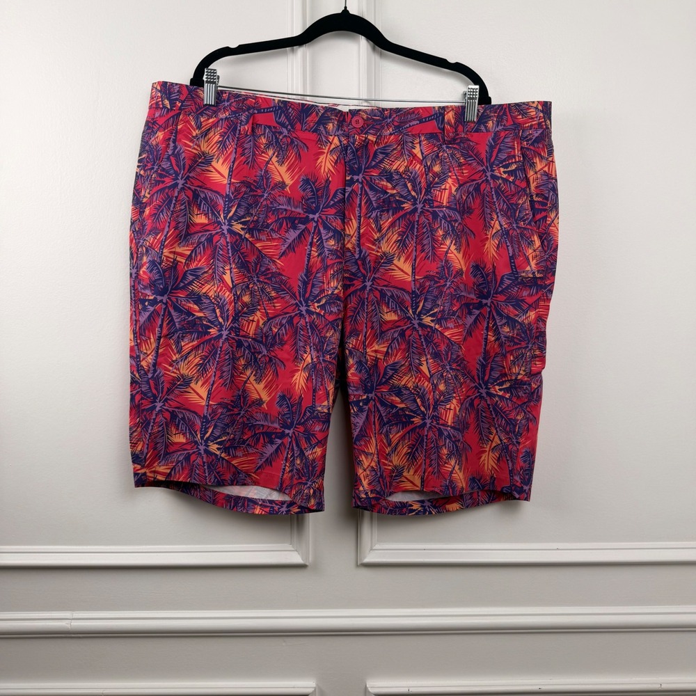 Hreski Mens Tropical Palm Tree Print Golf Shorts Red Purple Size 44 Stretch